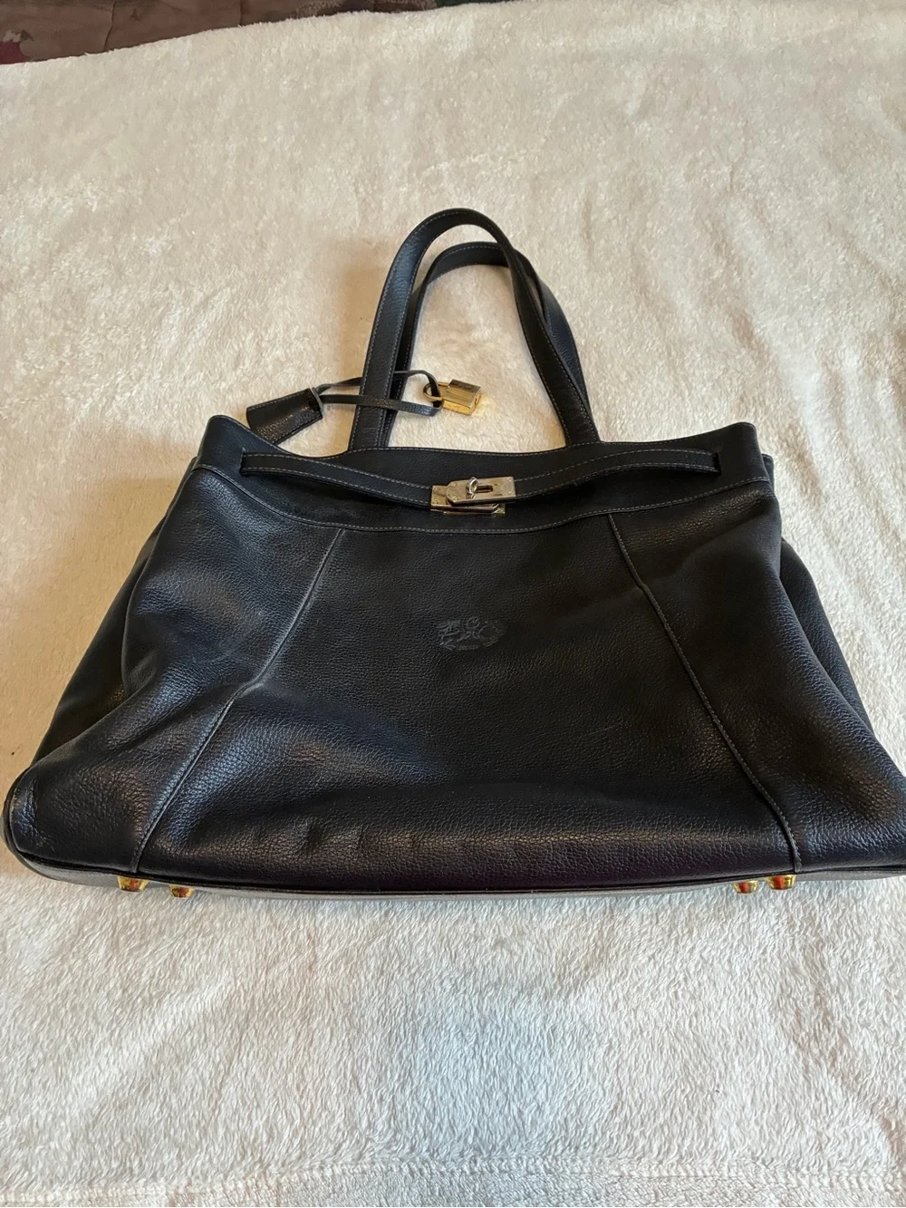 Black Leather Tote Handbag with Silver Hardware Made in France